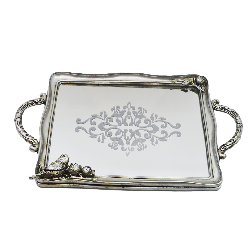 Retro silver aged bird relief mirror with double handles, European-style luxury storage tray